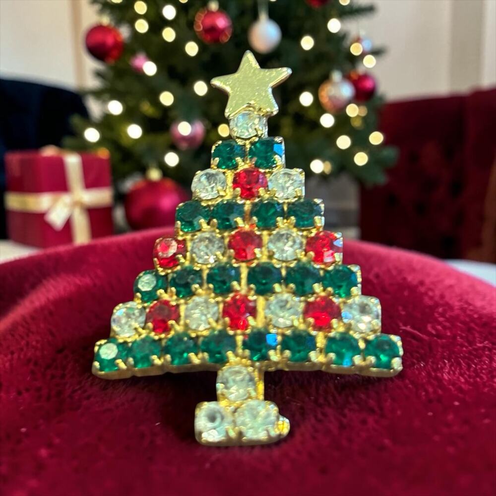 Vintage Rhinestone Christmas Tree Brooch Red Green Clear Gold Tone Holiday Pin